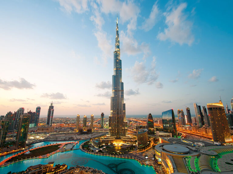 Burj Khalifa at sunset in Dubai.