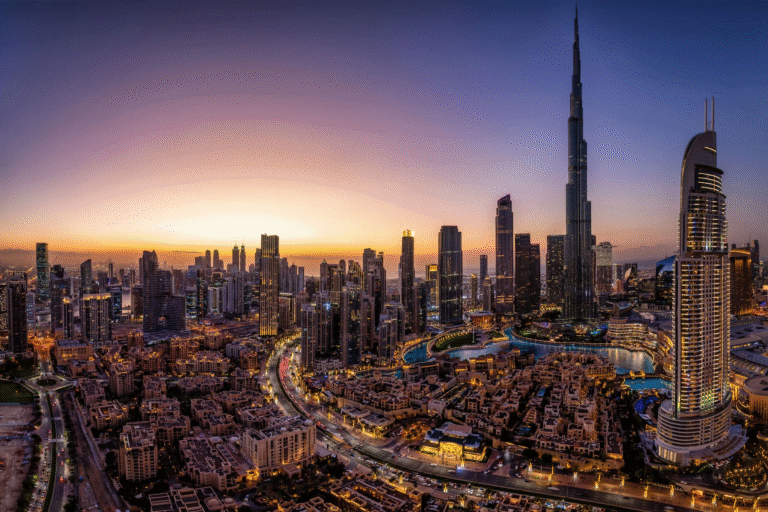 Dubai skyline with Burj Khalifa at sunset