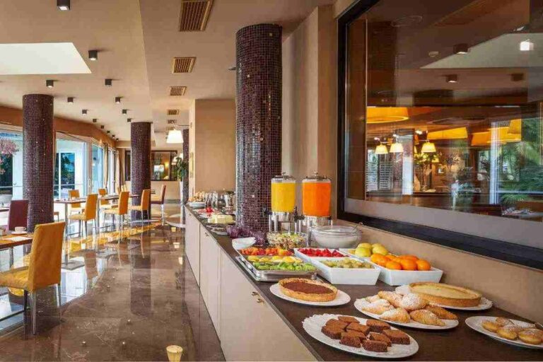 Luxurious buffet spread in a modern restaurant setting.