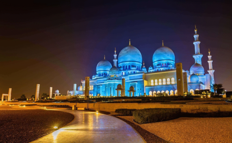 Sheikh Zayed Grand Mosque illuminated at night