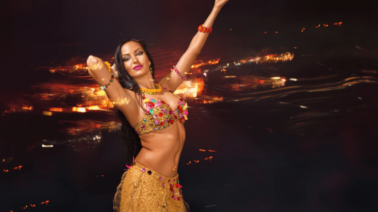 Belly dancer performing in colorful costume