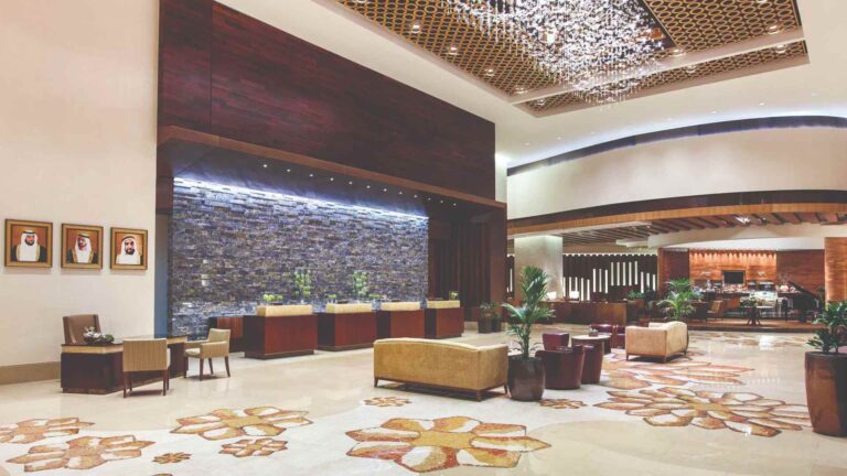 Luxury hotel lobby in Dubai with elegant interior design.