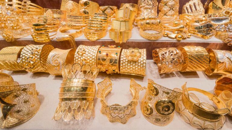Gold bracelets displayed at Dubai Gold Souk.
