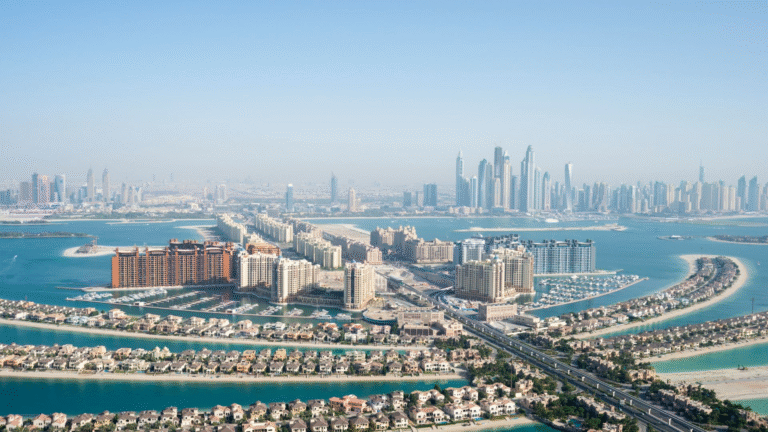 Aerial view of Palm Jumeirah and Dubai skyline
