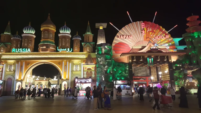 Night view of Russia and Japan pavilions at Global Village Dubai