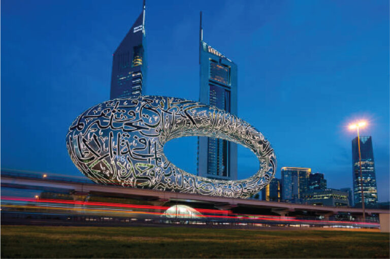 The Museum of the Future illuminated at night in Dubai.