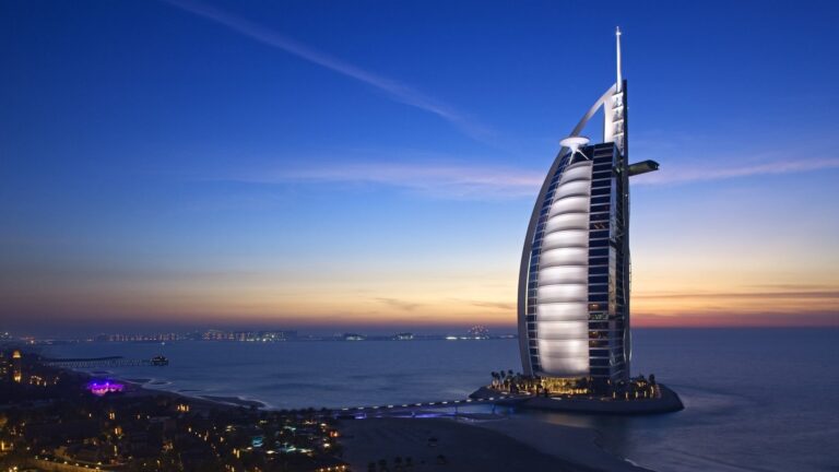 Burj Al Arab at sunset in Dubai.