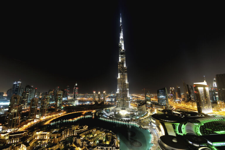 Burj Khalifa illuminated at night in Dubai