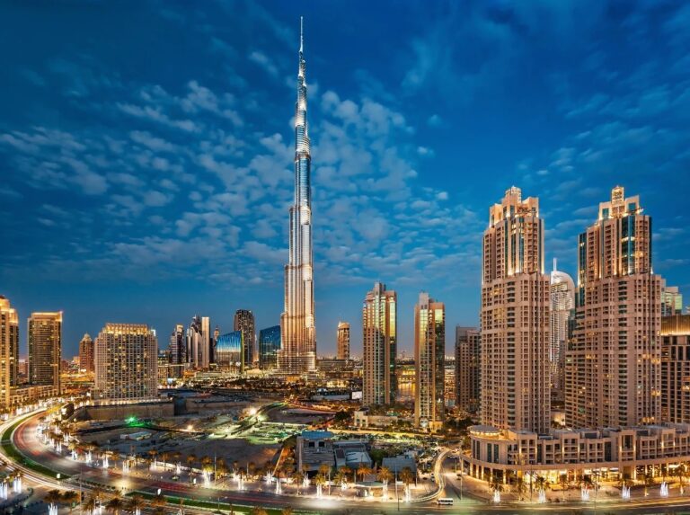 Dubai skyline with Burj Khalifa at night