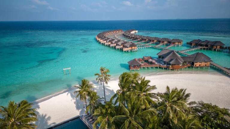 Overwater bungalows at a tropical Maldives resort