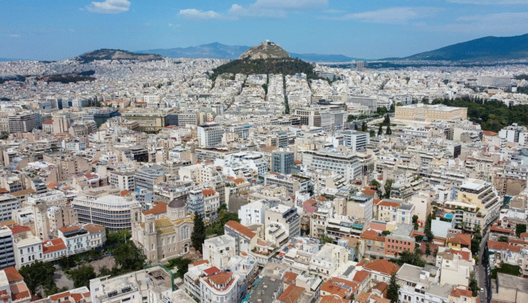 Aerial view of Athens with Mount Lycabettus