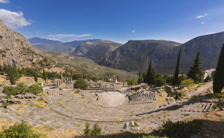 Ancient theater at Delphi with mountain backdrop