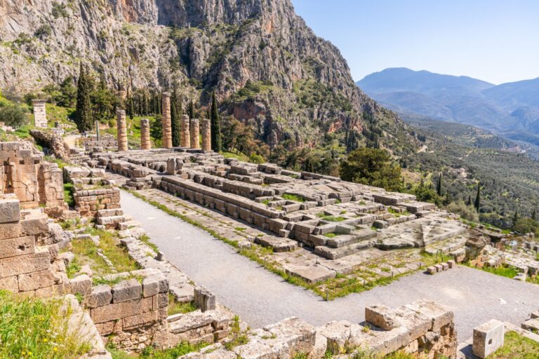 Ancient ruins of the Temple of Apollo in Delphi, Greece