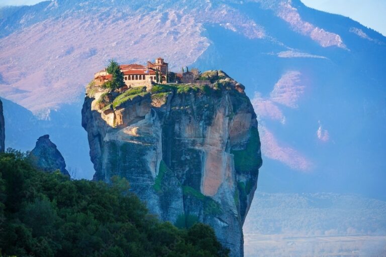 Monastery atop a rock formation in Meteora, Greece