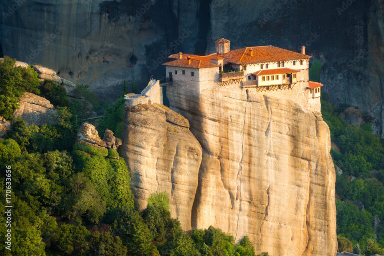 Monastery perched on a rock formation in Meteora, Greece