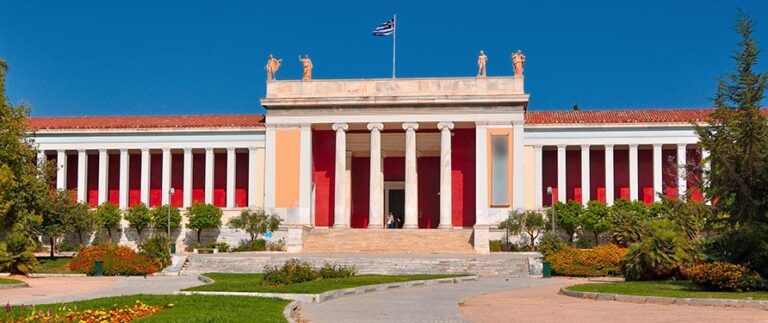 National Archaeology Museum in Athens with Greek flag