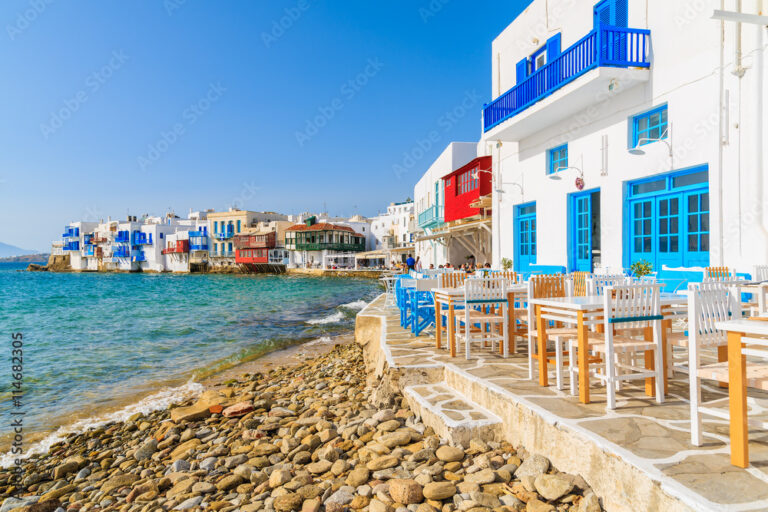 Seaside dining at Little Venice, Mykonos with ocean view.