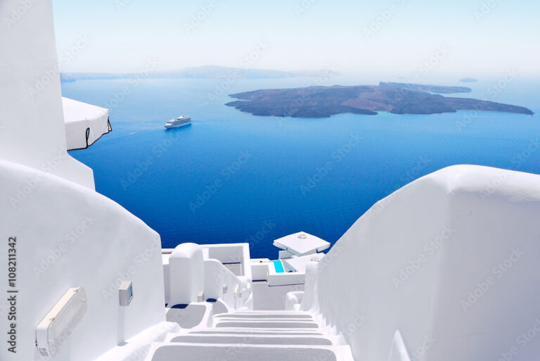 White buildings overlooking the Aegean Sea in Santorini