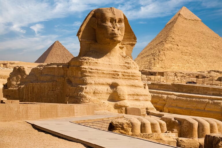 The Great Sphinx and Pyramids of Giza in Egypt.