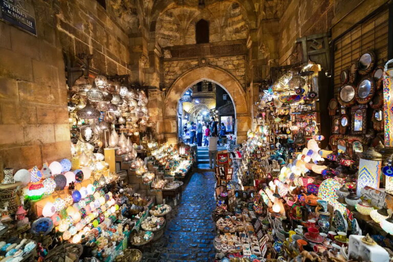 Vibrant market scene in Khan el-Khalili Bazaar, Cairo.