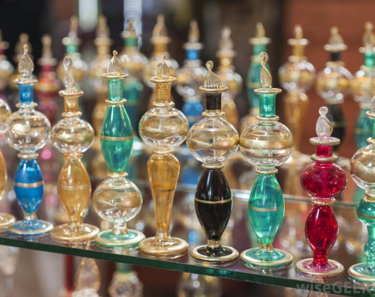 Colorful glass perfume bottles in Khan el-Khalili market.