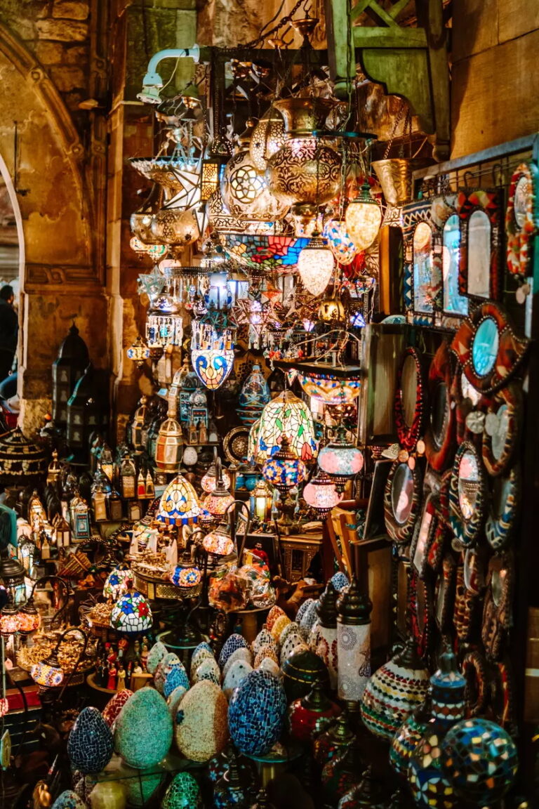 Colorful lamps and crafts at Khan el-Khalili Bazaar in Cairo