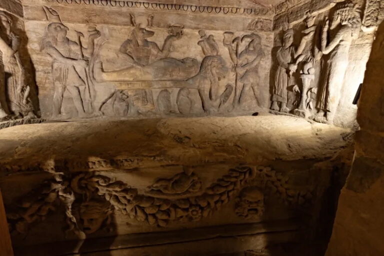 Ancient Egyptian carvings in the Catacombs of Kom El Shoqafa.