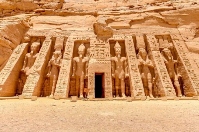 Ancient Abu Simbel Temples with statues and hieroglyphs