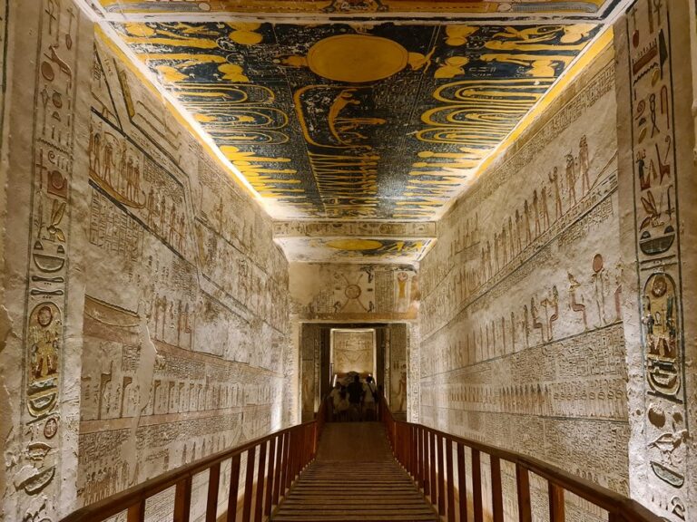 Ancient Egyptian tomb with hieroglyphics in the Valley of the Kings.