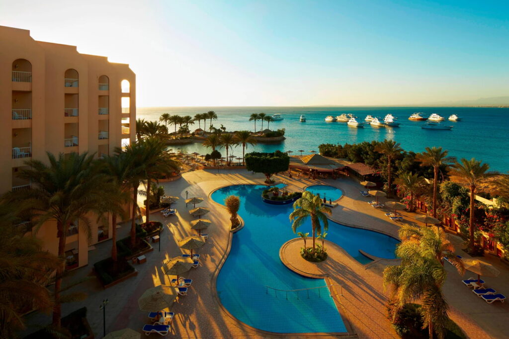 Pool view at Hurghada Marriott Beach Resort with ocean backdrop