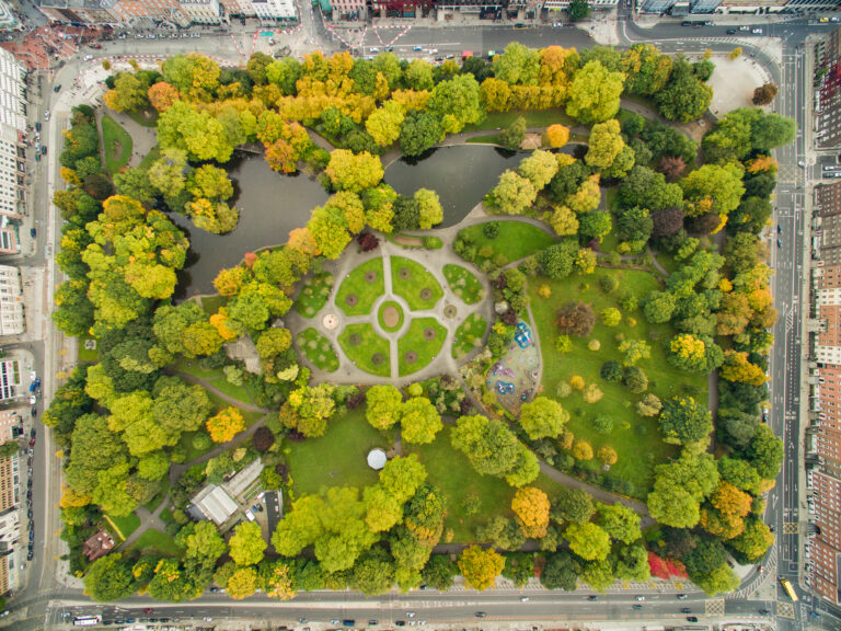 Aerial view of St Stephen's Green in Dublin with lush greenery and pathways.