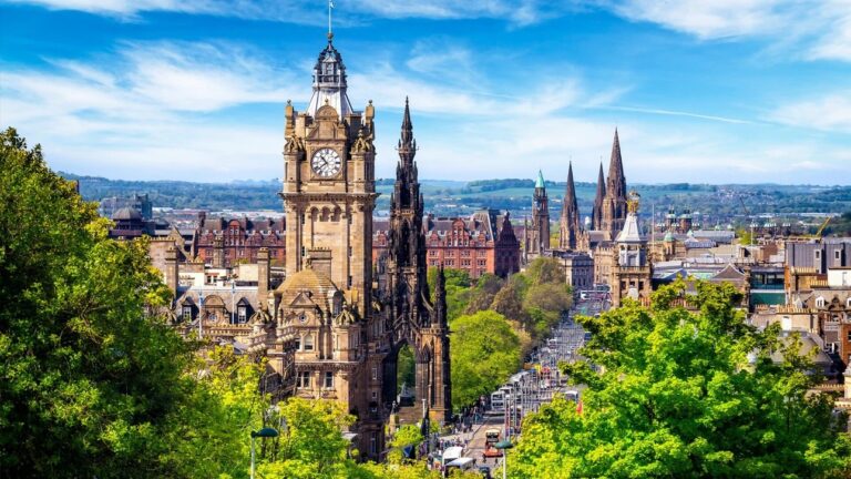 Edinburgh cityscape with clock tower and spires