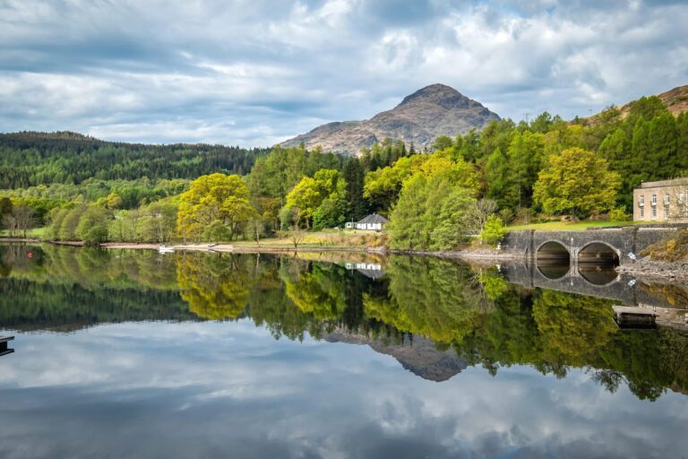 Loch Lomond scenic view with mountains and reflections.
