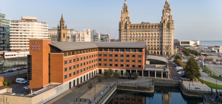 Crowne Plaza Hotel in Liverpool with iconic buildings in the background