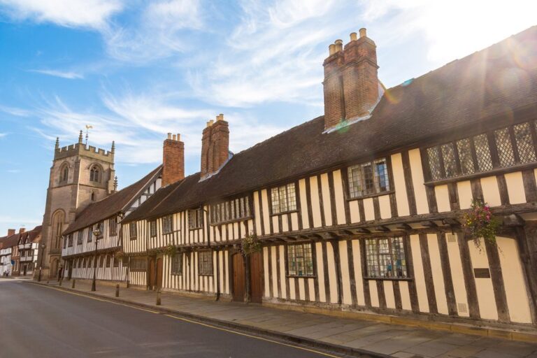 Historic buildings in Stratford-upon-Avon with Shakespeare's Schoolroom.