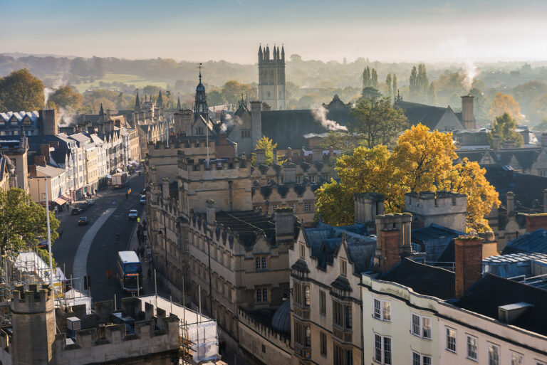 View of historic Oxford cityscape with medieval architecture.