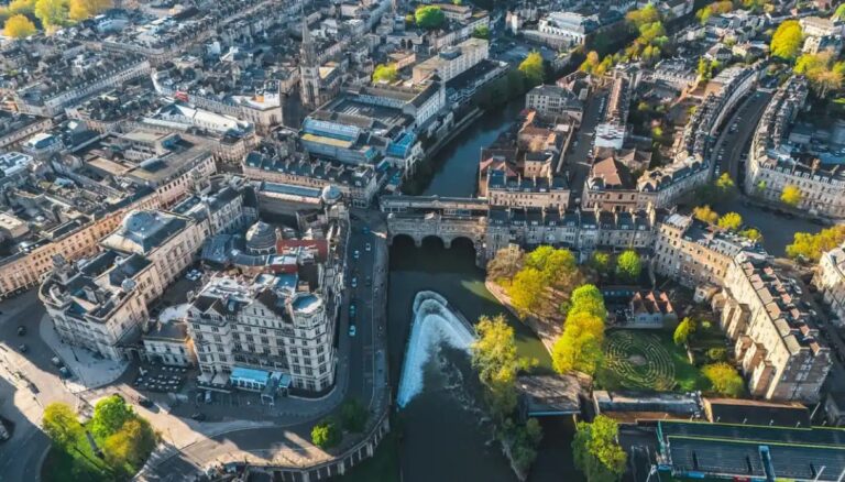 Aerial view of Bath city with bridge and river
