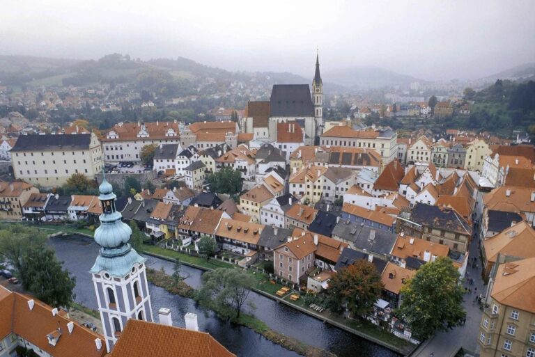 Aerial view of Cesky Krumlov with river and historic buildings.