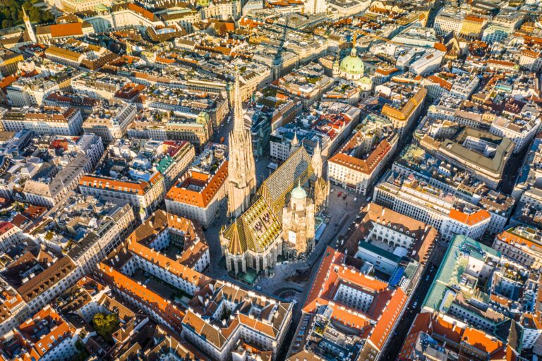 Aerial view of St. Stephen's Cathedral in Vienna's historic center.