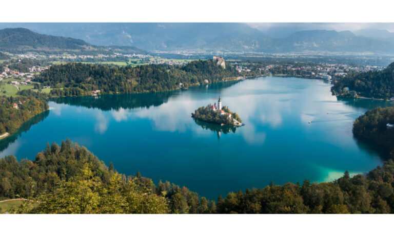 Aerial view of Lake Bled with island church