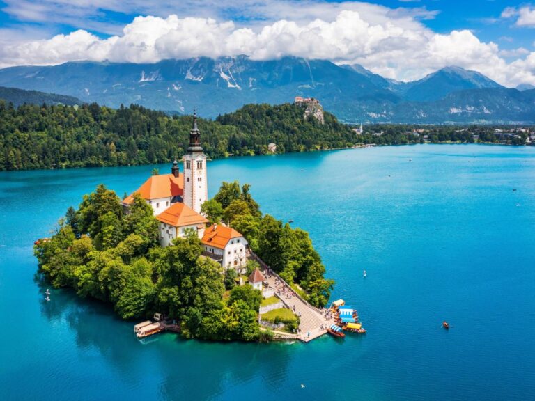 Aerial view of Lake Bled with island and church