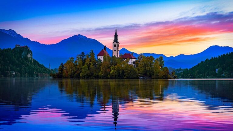 Lake Bled with church at sunset