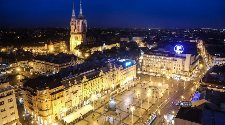 Night view of Ban Jelačić Square and Zagreb Cathedral in Croatia