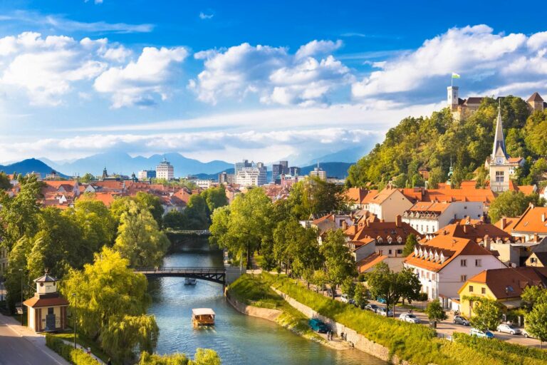 Scenic view of Ljubljana with river and castle