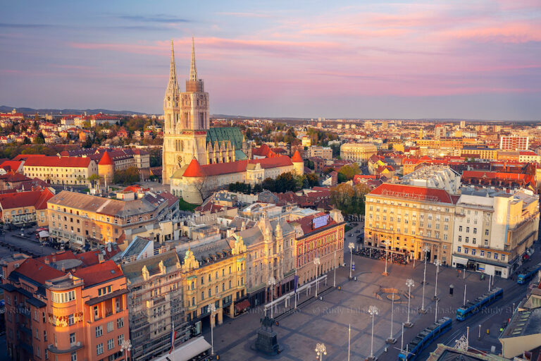 Zagreb Old Town Square and Cathedral at sunset