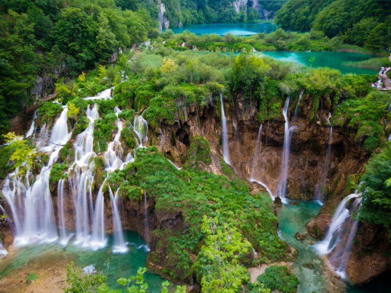 Waterfalls cascading in Plitvice Lakes National Park.