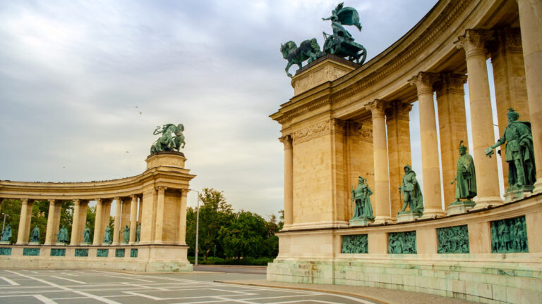 Heroes' Square monument with statues in Budapest.