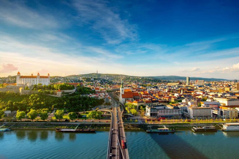 Aerial view of Bratislava with castle and Danube River.