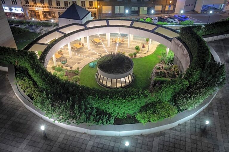 Rooftop garden at Crowne Plaza Hotel in Bratislava at night