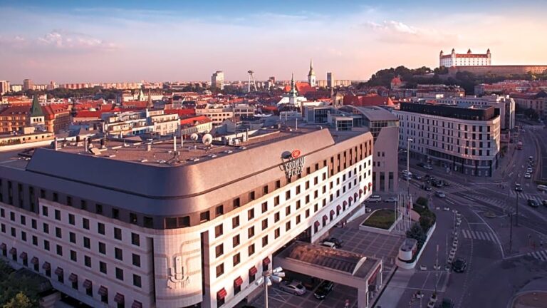 Aerial view of Crowne Plaza Hotel in Bratislava cityscape